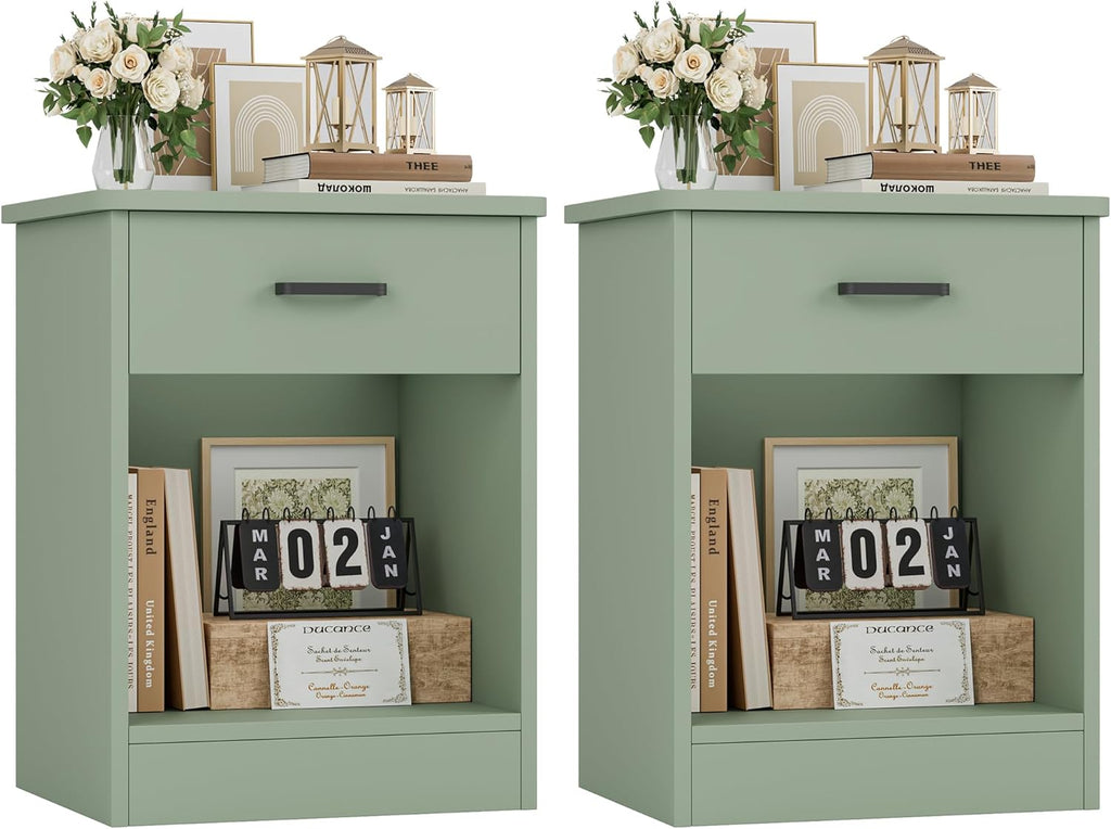 Nightstand Set of 2, 2-Tier Side Table with Drawer and Storage Shelf, Bedside Table End Table, Modern Night Stand for Bedroom, Home Office, Green