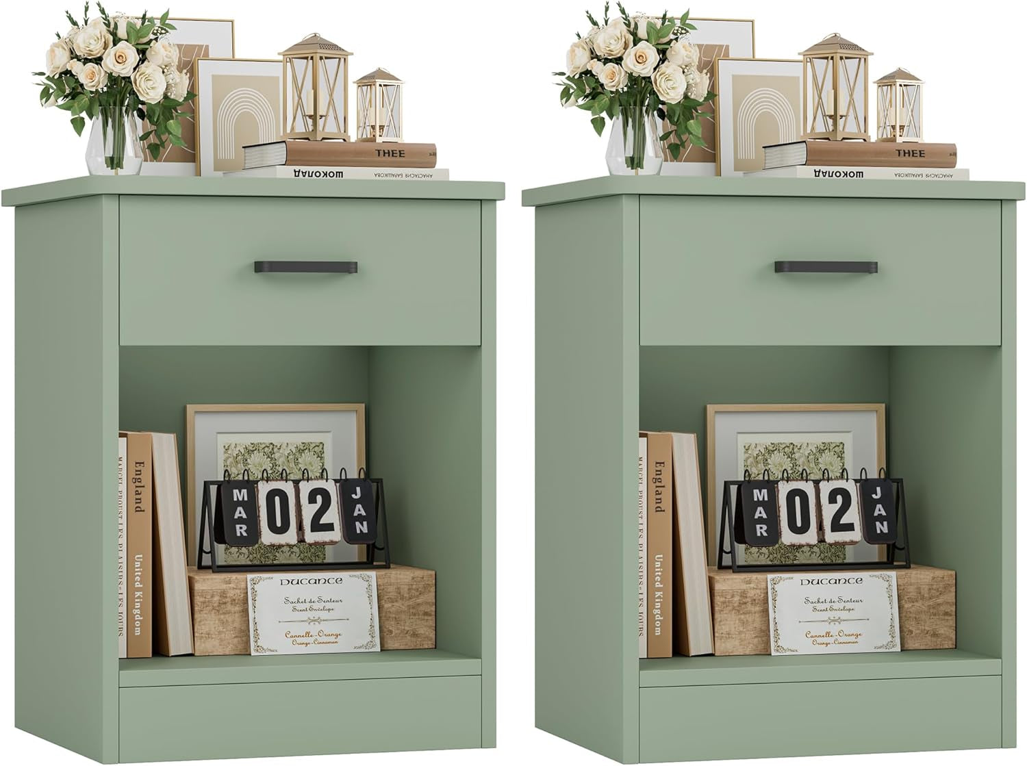 Nightstand Set of 2, 2-Tier Side Table with Drawer and Storage Shelf, Bedside Table End Table, Modern Night Stand for Bedroom, Home Office, Green
