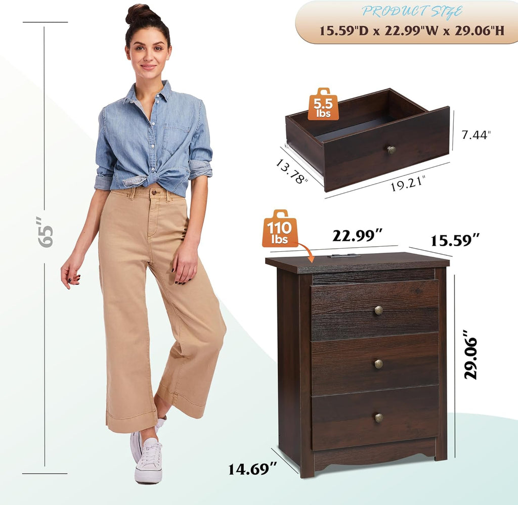 Tall Nightstand with Charging Station, Wood Night Stand with 3 Drawers Storage, Bedside Table End Side Tables with 2 USB Ports and Outlets for Bedroom, Closet, Espresso