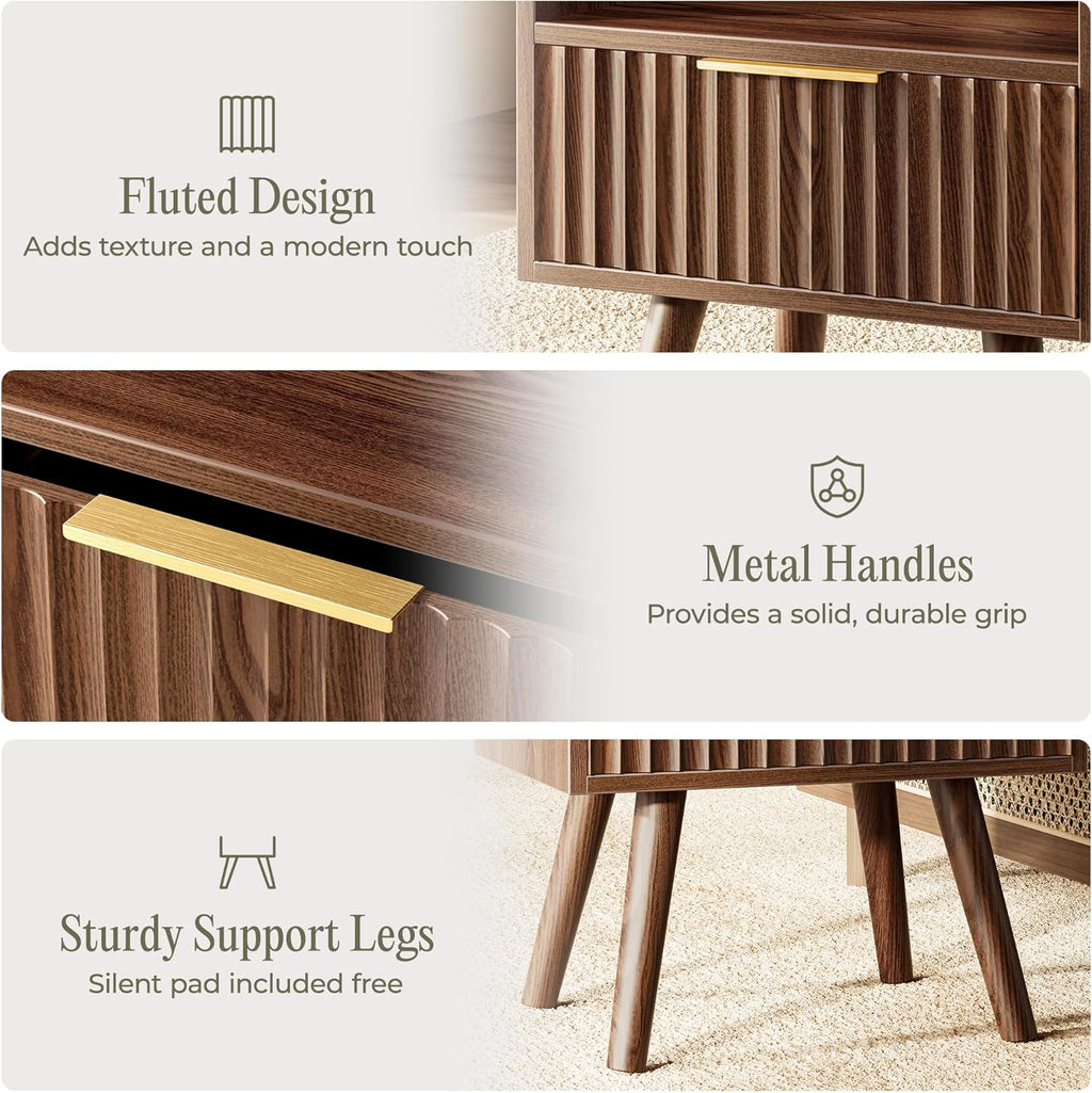 Nightstand with Charging Station, USB-C Port, Fluted Night Stand Set of 2, Bed Side Table with Drawer, Solid Wood Feet, Open Storage, End Table with Raised Edge, for Bedroom, Walnut