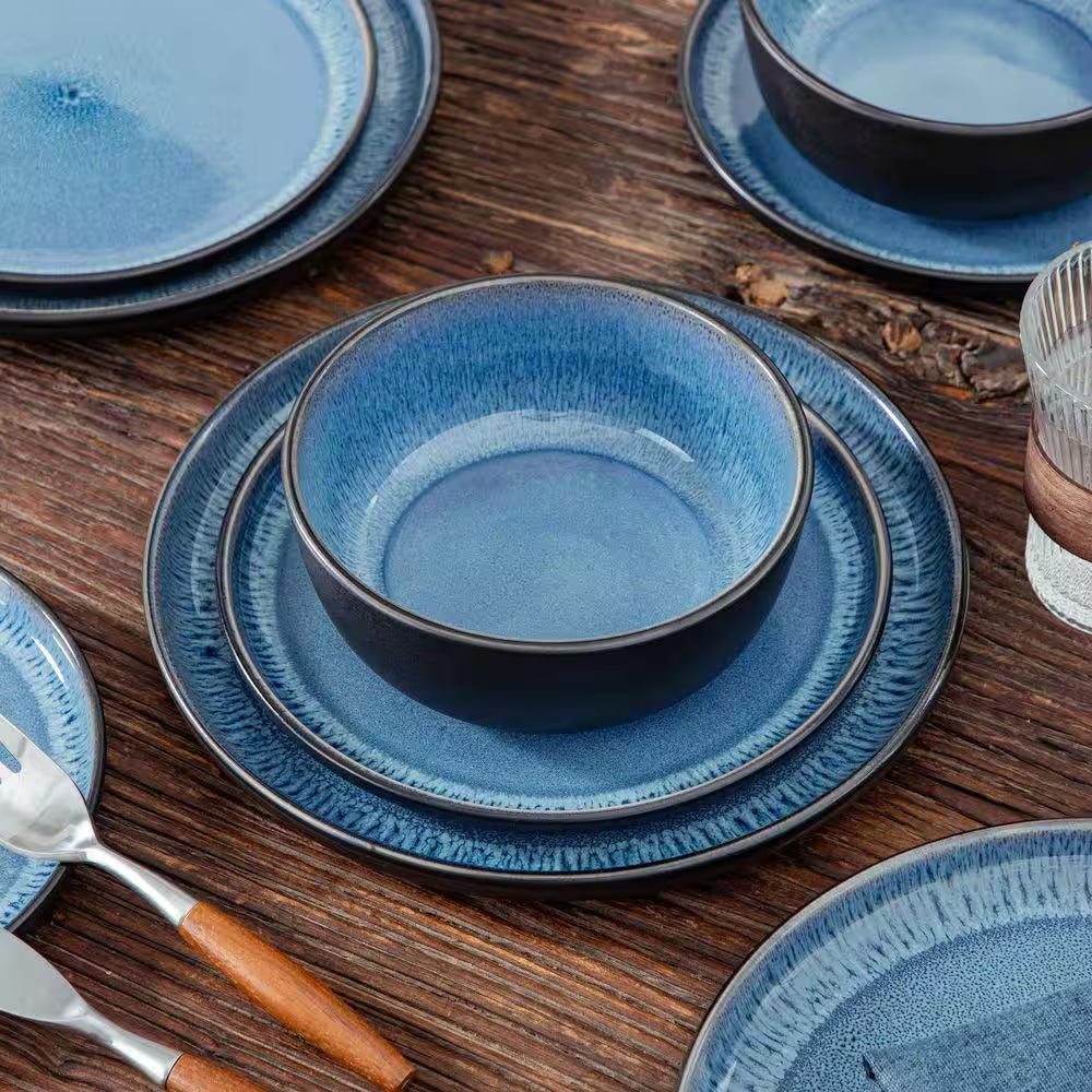 18-Piece Blue and Black Stoneware Dinnerware Set Service for 6 with Dinner Plates Dessert Plates and Cereal Bowls