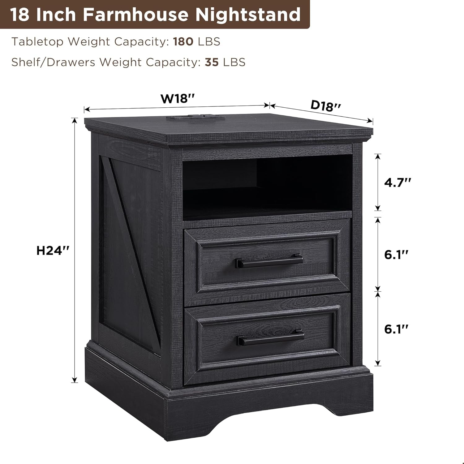 18" Farmhouse Nightstand with Charging Station,End Table with 2 Drawers Storage,Side Table,Bedside Cabinet for Bedroom,Living Room,Black
