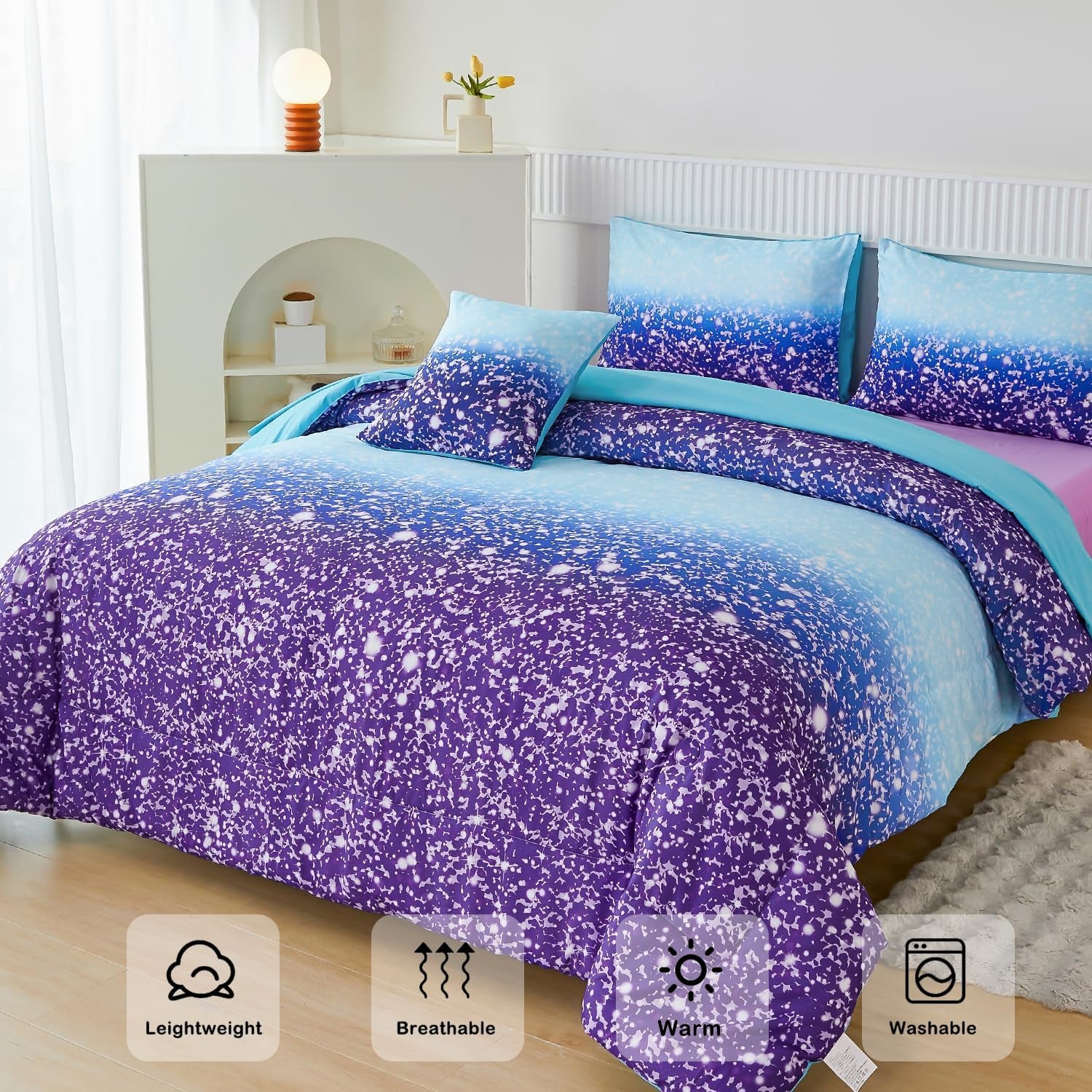 Purple Girls Twin Bedding Set - 6 Pieces Comforter Set with Sheets, Tie Dye Rainbow Bed-In-A-Bag, Sparkle Glitter Fluffy Kids Bedroom Bed Sets (Blue Purple, Twin)