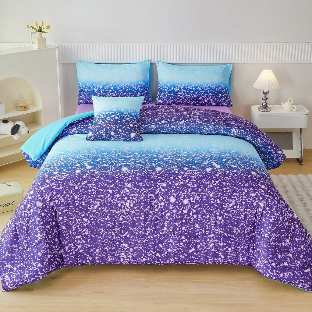 Purple Girls Twin Bedding Set - 6 Pieces Comforter Set with Sheets, Tie Dye Rainbow Bed-In-A-Bag, Sparkle Glitter Fluffy Kids Bedroom Bed Sets (Blue Purple, Twin)
