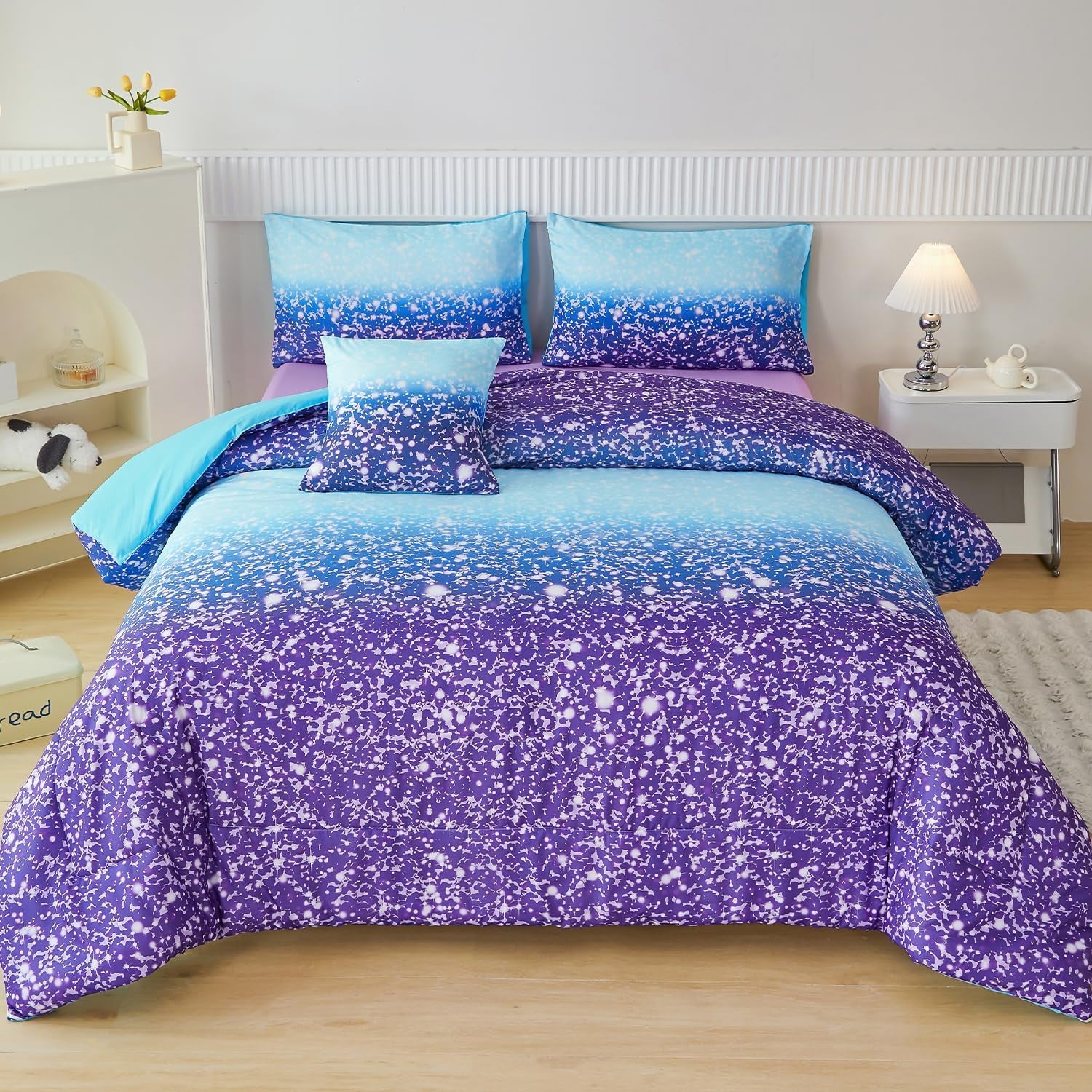 Purple Girls Twin Bedding Set - 6 Pieces Comforter Set with Sheets, Tie Dye Rainbow Bed-In-A-Bag, Sparkle Glitter Fluffy Kids Bedroom Bed Sets (Blue Purple, Twin)