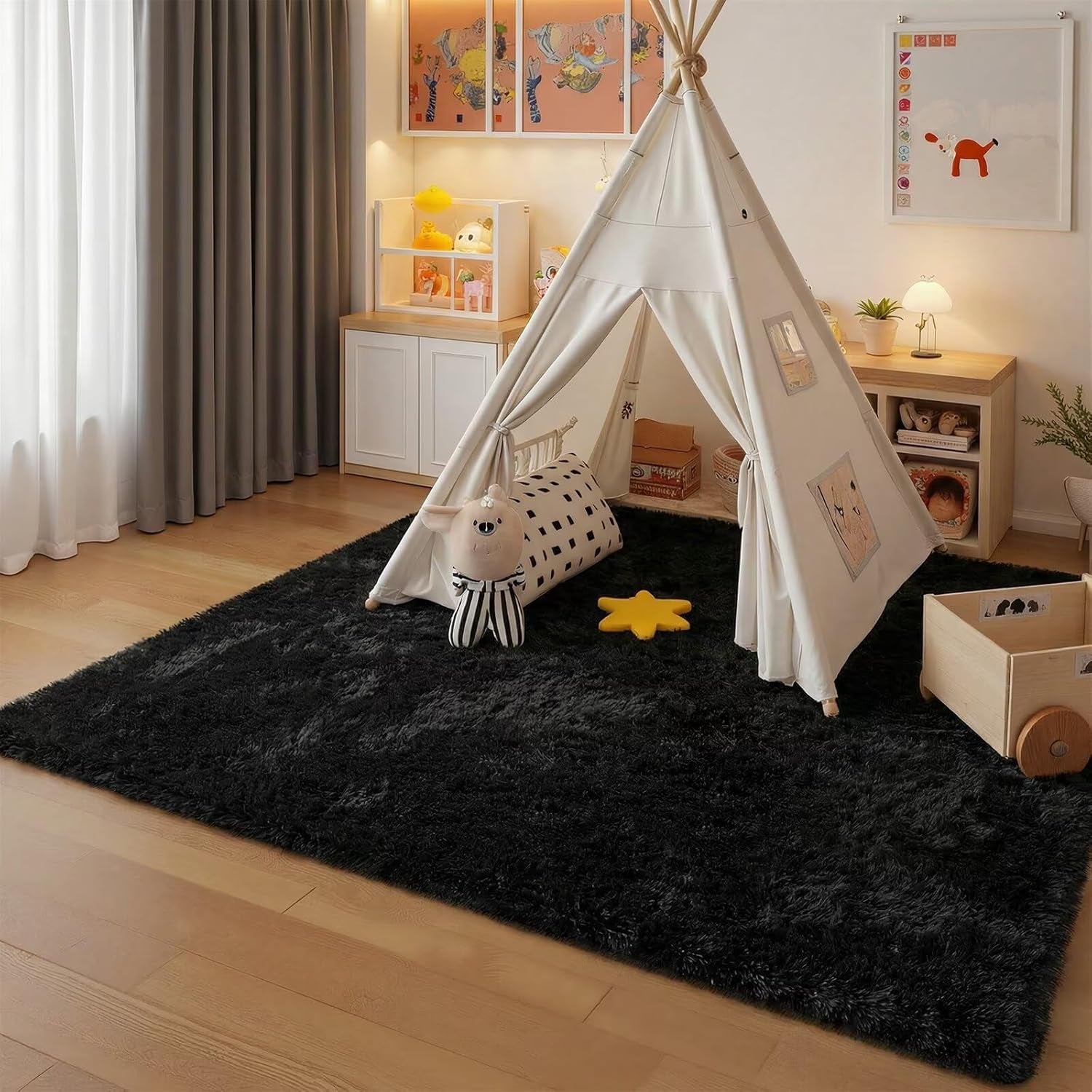 3X5 Black Washable Area Rug for Boys Bedroom, Soft Non-Slip Fluffy Bedside Rugs, Shag Plush Memory Foam Carpet for Kids Room Baby Nursery Home Decor Aesthetic