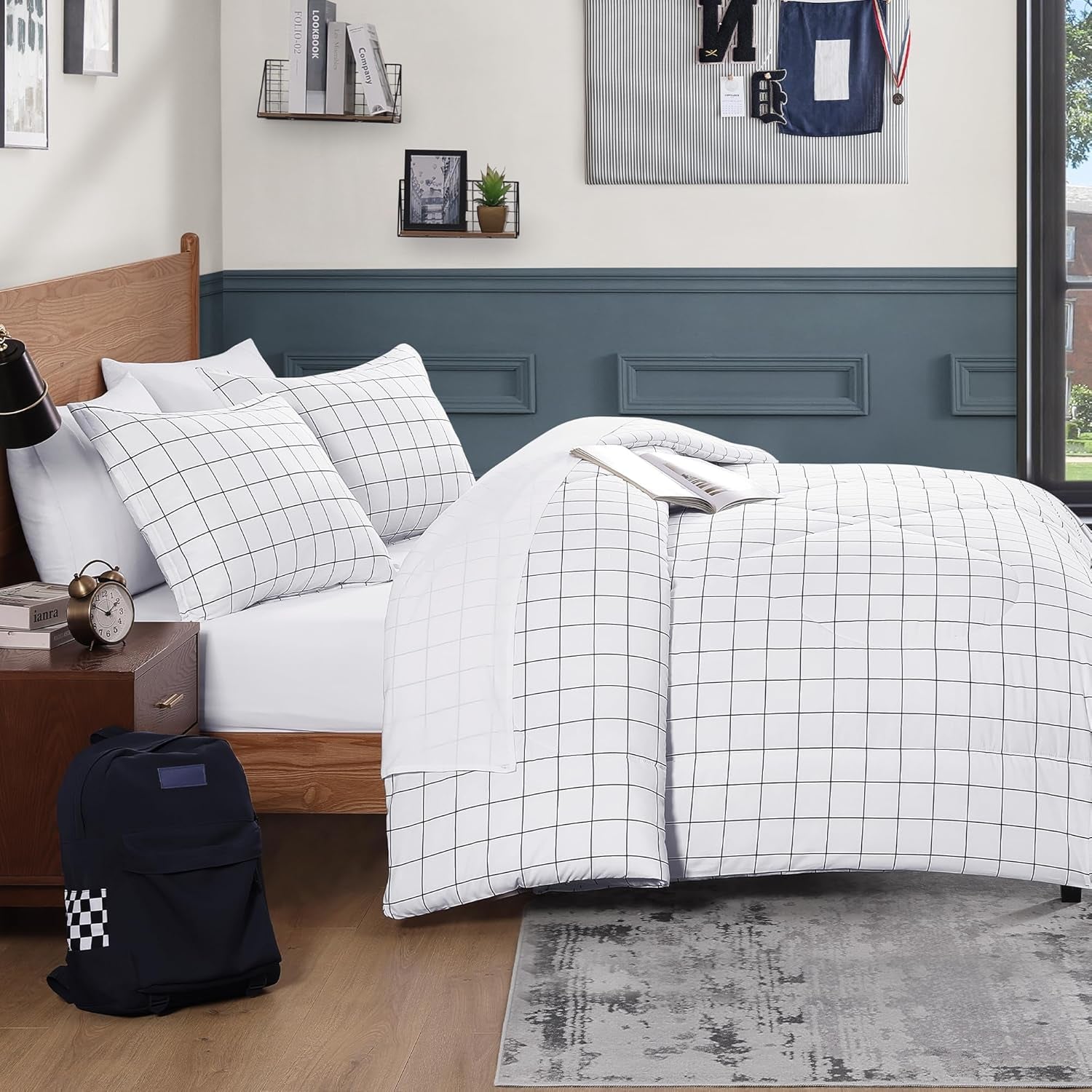 White Grid Comforter Set Queen Size (90X90 Inch), 3 Pieces(1 Grid Comforter and 2 Pillowcases), Summer Lightweight Microfiber down Alternative White Comforter with Black Lines