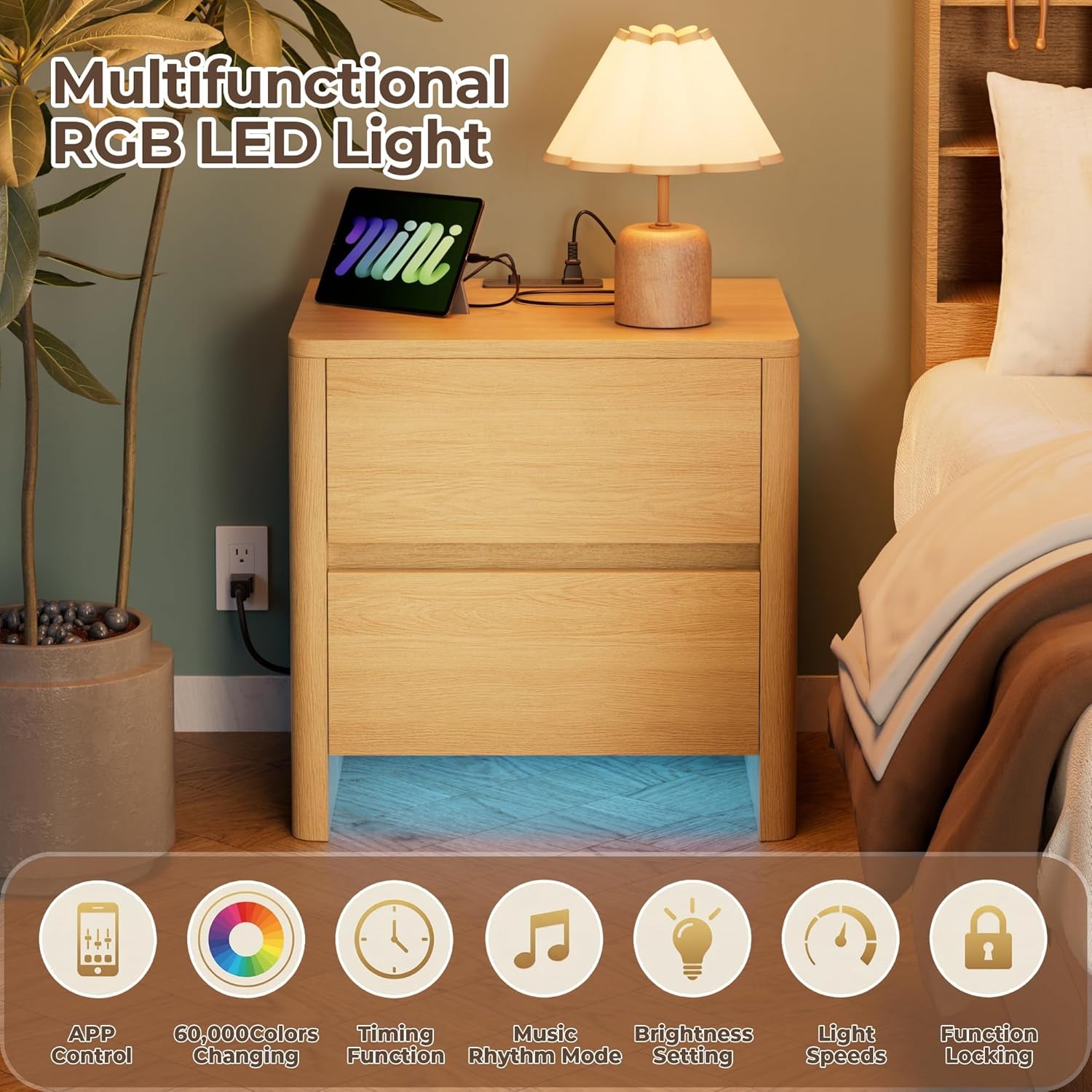 Nightstand with Charging Station, Modern Bedside Table End Table with LED Lights & 2 Drawers & Safe Curved Corners, Mid Century Modern Night Stand for Bedroom, Living Room, Natural Oak