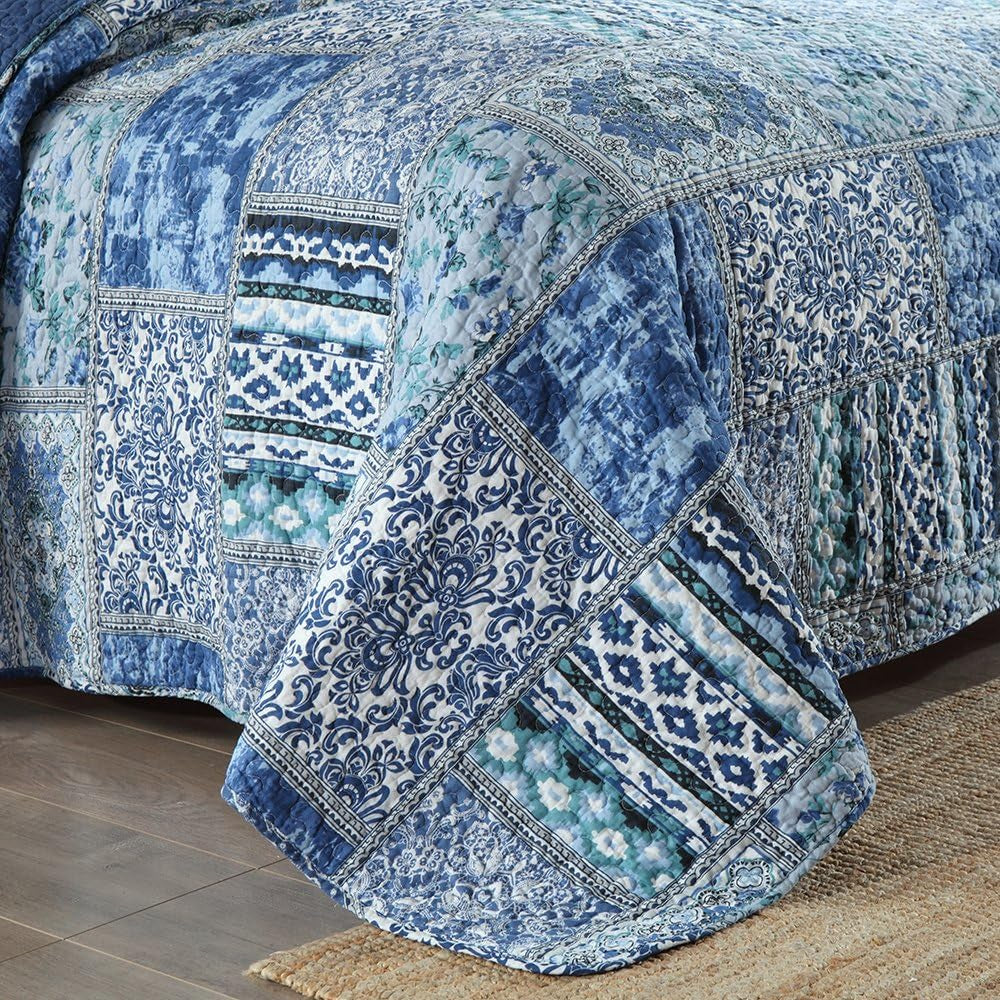 Cotton Bedspread Quilt Sets-Reversible Patchwork Coverlet Set, Blue Classic Bohemian Pattern,Twin Size