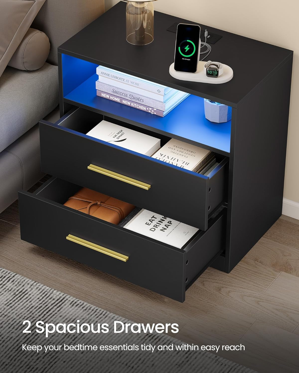 Custos Collection - Set of 2, 23.6 Inch Wide Nightstands with Charging Station, LED Lights, Modern Night Stands, Side End Tables with Drawers, Open Shelf, 2 AC Outlets USB Ports, Ink Black