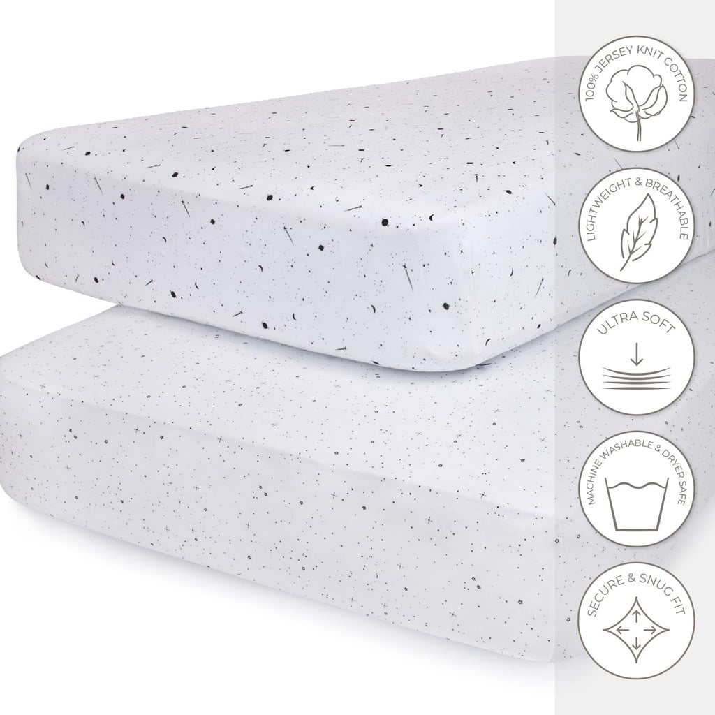 Ely’S & Co. Crib Sheets, Baby Girl/Boy Fitted Crib Mattress Sheet Set, 2 Pack, 100% Jersey Knit Cotton, Infant and Toddler Nursery Bedding, Black and White Celestial Print, 28” X 52”