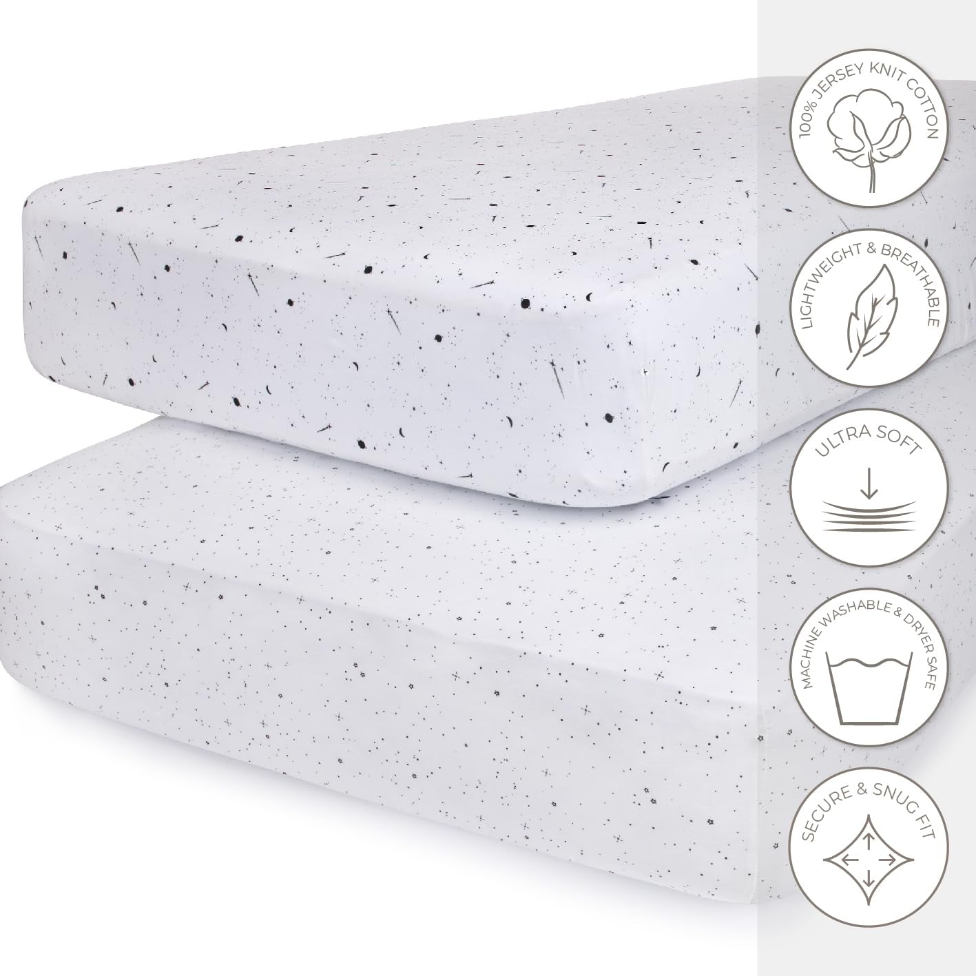 Ely’S & Co. Crib Sheets, Baby Girl/Boy Fitted Crib Mattress Sheet Set, 2 Pack, 100% Jersey Knit Cotton, Infant and Toddler Nursery Bedding, Black and White Celestial Print, 28” X 52”