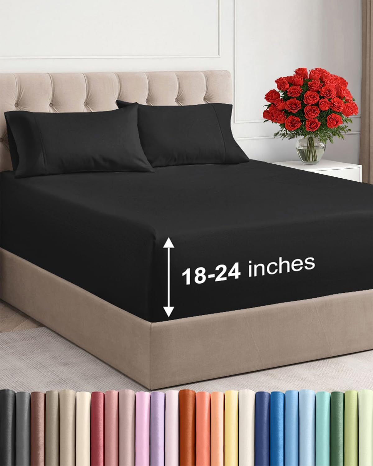 Extra Deep Pocket King Sheets - 4 Piece Breathable & Cooling Bed Sheets - Hotel Luxury Bed Sheet Set - Soft, Wrinkle Free & Comfy - Easily Fits Extra Deep Mattresses - Deep Pocket Black Sheets Set