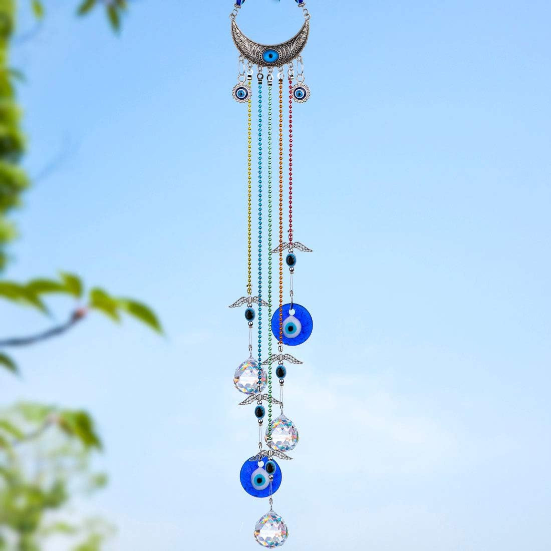 20Inch Blue Evil Eye Hanging Crystals Suncatcher Ornament for Christmas Tree with Chakra Energy Crystal Ball Prism Pendant Rainbow Maker for Home Decor Protection