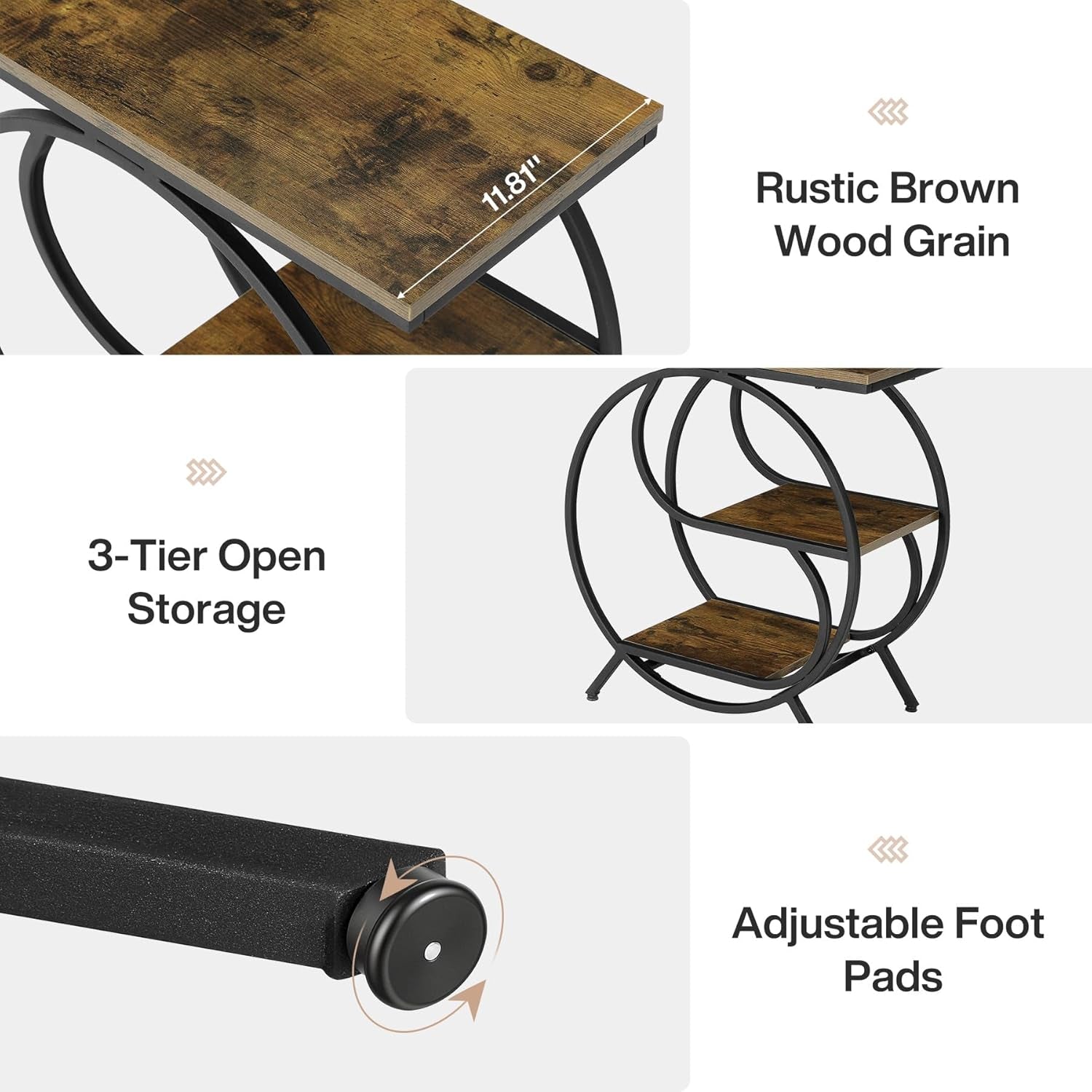 3-Tier End Table, Industrial Side Table for Living Room, Small Rectangle Nightstand for Bedroom (2PC, Rustic Brown & Black)
