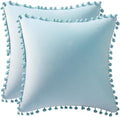 Throw Pillow Cases 20X20 Light-Blue: 2 Pack Cozy Soft Pom-Poms Velvet Square Decorative Pillow Covers for Farmhouse Home Decor