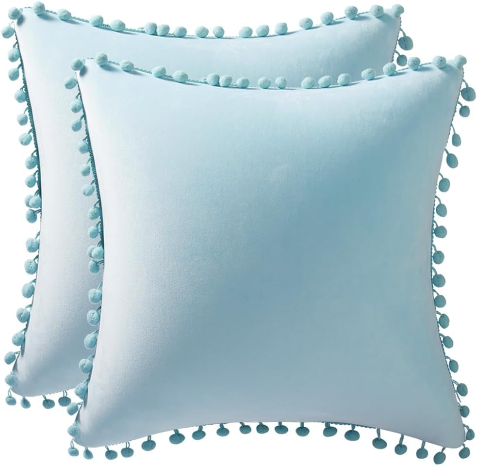 Throw Pillow Cases 20X20 Light-Blue: 2 Pack Cozy Soft Pom-Poms Velvet Square Decorative Pillow Covers for Farmhouse Home Decor