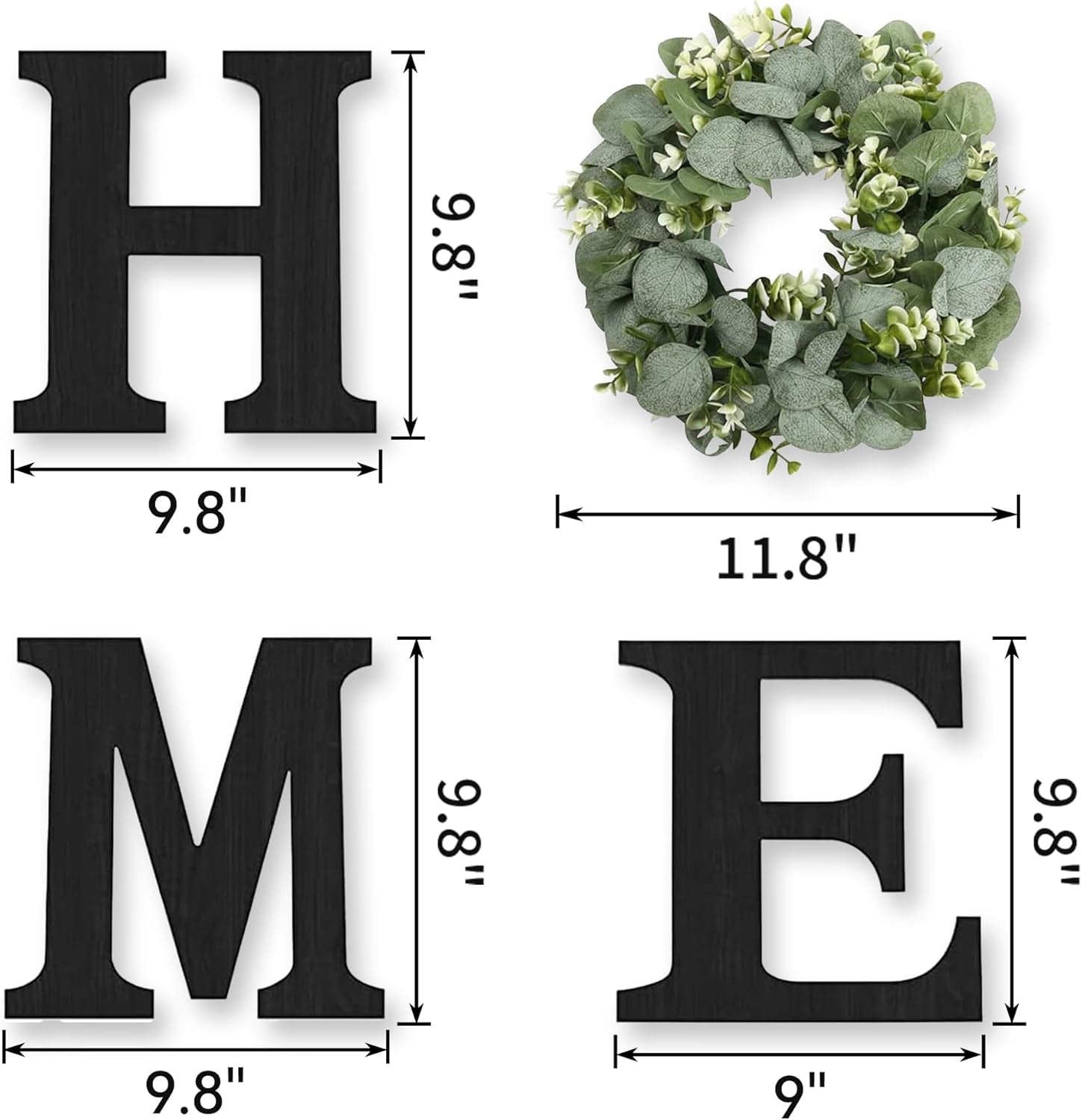 Wood Home Sign with Artificial Eucalyptus Wreath for O, Hanging Farmhouse Wall House Decor Wood Letters for Wall Art Rustic Home Decor, Wall Decor for Living Room Kitchen Entryway (Black)