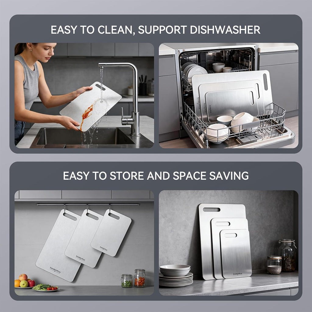 Titanium Cutting Boards Set of 3, 100% Pure Titanium Kitchen Cutting Board, Double-Sided Non-Toxic Cutting Board, Ideal for Slicing and Dicing Meats, Features Handle, Dishwasher Safe