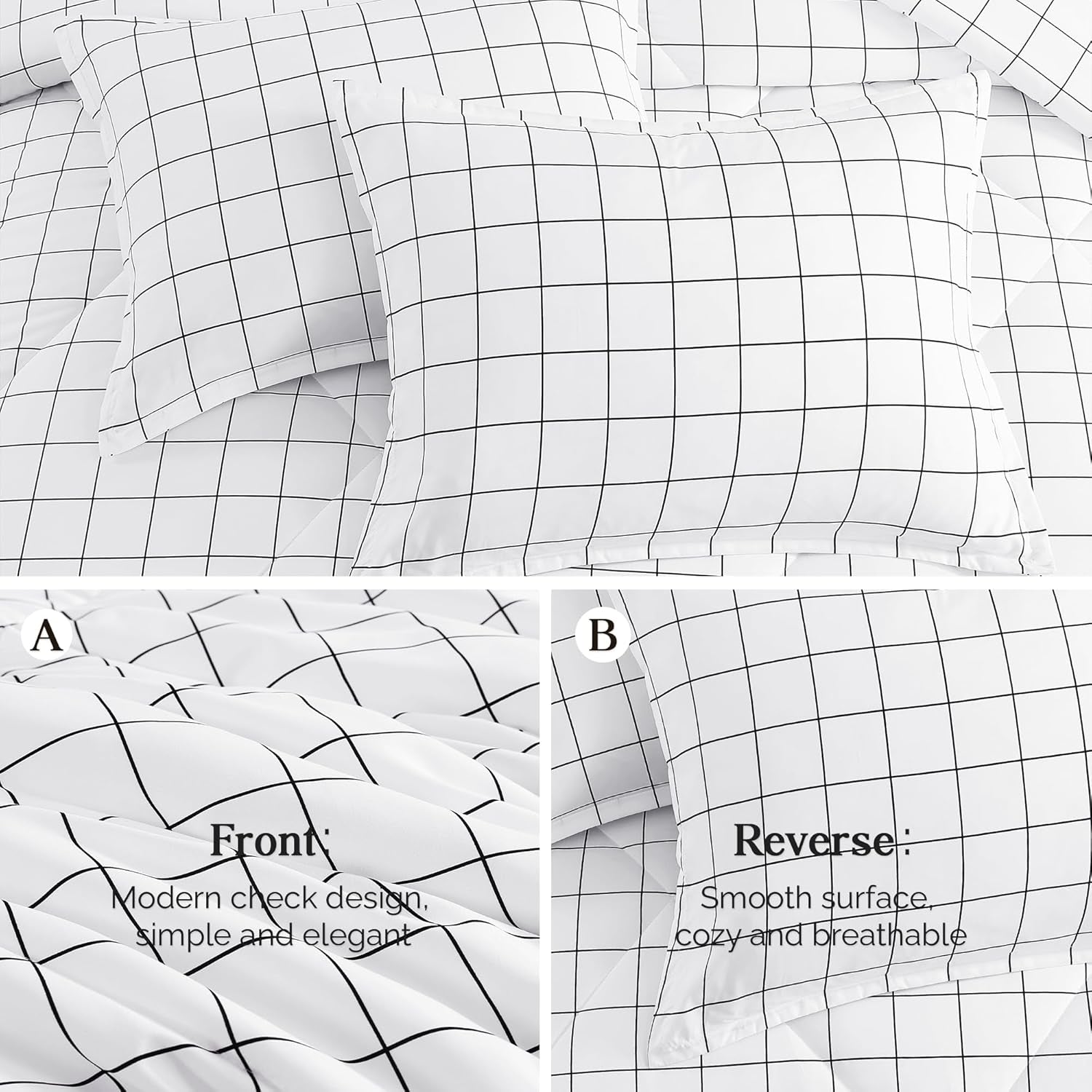 White Grid Comforter Set Queen Size (90X90 Inch), 3 Pieces(1 Grid Comforter and 2 Pillowcases), Summer Lightweight Microfiber down Alternative White Comforter with Black Lines