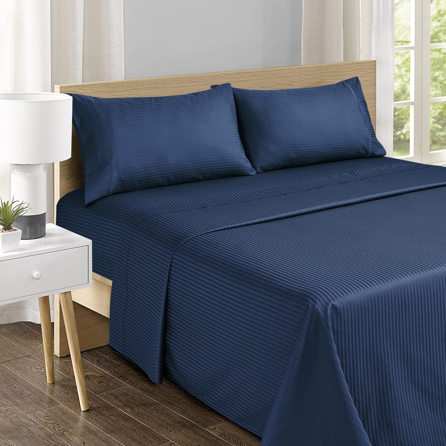 Feather & Stitch 500 TC California King Size Bed Sheet Set, 100% Cotton Soft Breathable Bedsheets, 4 Piece 18" Deep Pockets Sateen Weave Striped Bedding Mattress Resort Hotel - (Dark Blue Stripe)