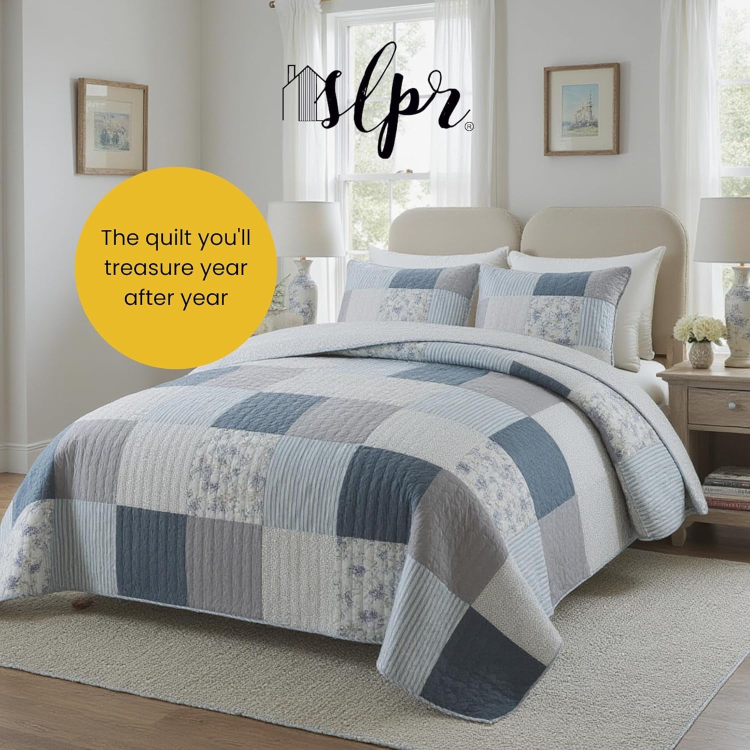 Coastal Dream Cotton Pieced Quilt Set - Twin Size with 1 Sham, Soft Purple & Blue Patchwork Quilted Bedspread, Farmhouse Country Style Bedding for All Seasons