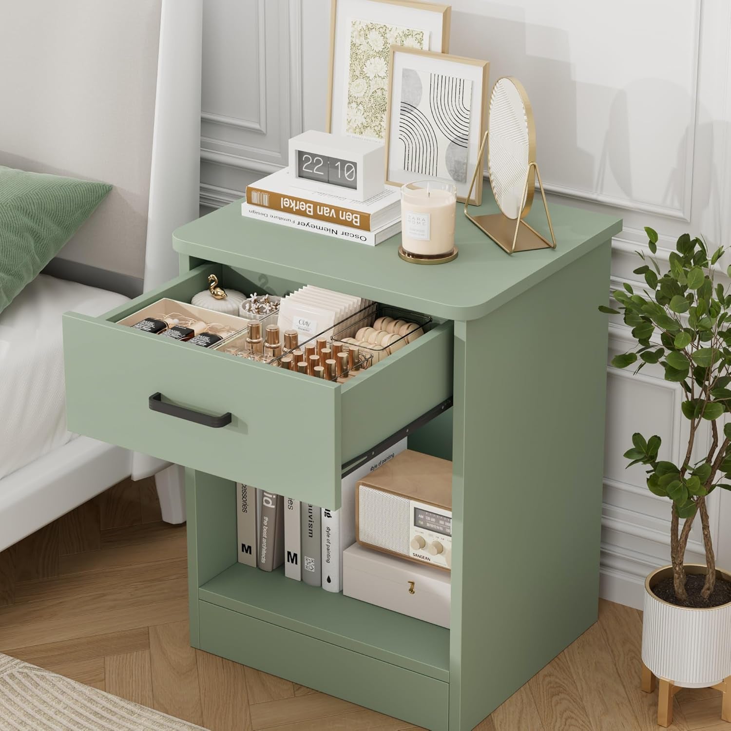 Nightstand Set of 2, 2-Tier Side Table with Drawer and Storage Shelf, Bedside Table End Table, Modern Night Stand for Bedroom, Home Office, Green