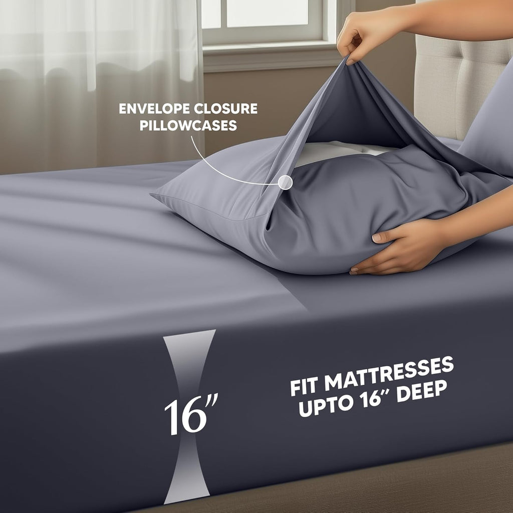 Queen Size Sheet Set – 4 Piece Bed Sheets, Soft and Breathable Microfiber, Includes 1 Fitted Sheet, 1 Flat Sheet and 2 Pillowcases – Oeko Tex (Grey)