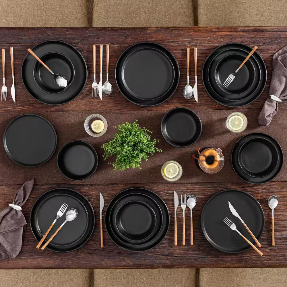 18-Piece Matte Black Stoneware Dinnerware Set Service for 6 Tableware Dinner Plates Dessert Plates Cereal Bowls