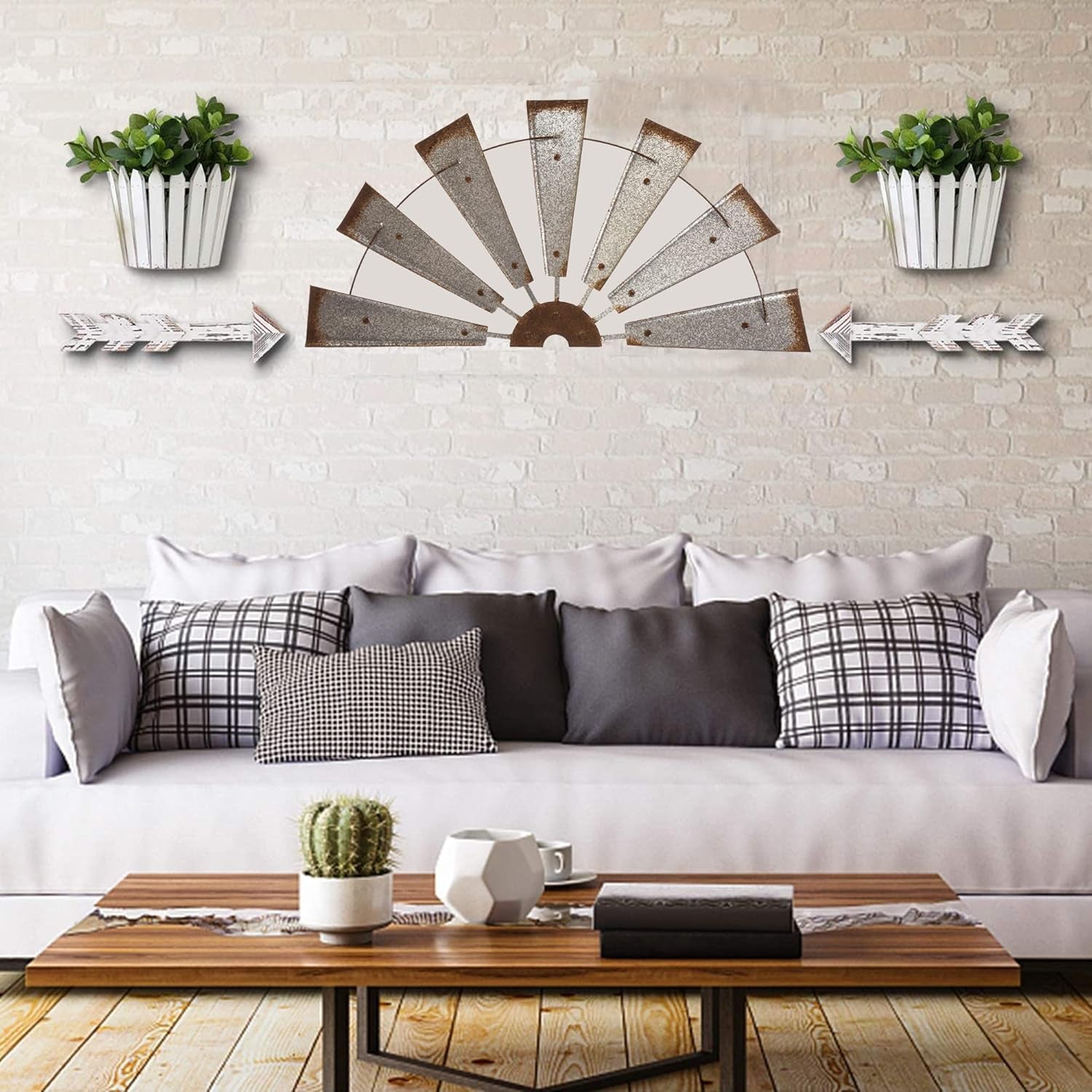32" Rustic Galvanized Metal Half Windmill Wall Sculpture Farmhouse Wall Art Home Decor, Silver