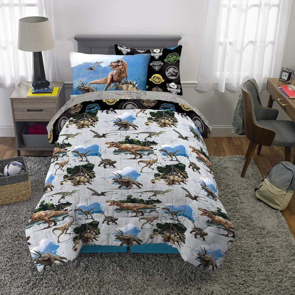 Kids Bedding Super Soft Comforter and Sheet Set with Sham, 5 Piece Twin Size, Jurassic World,6A1348
