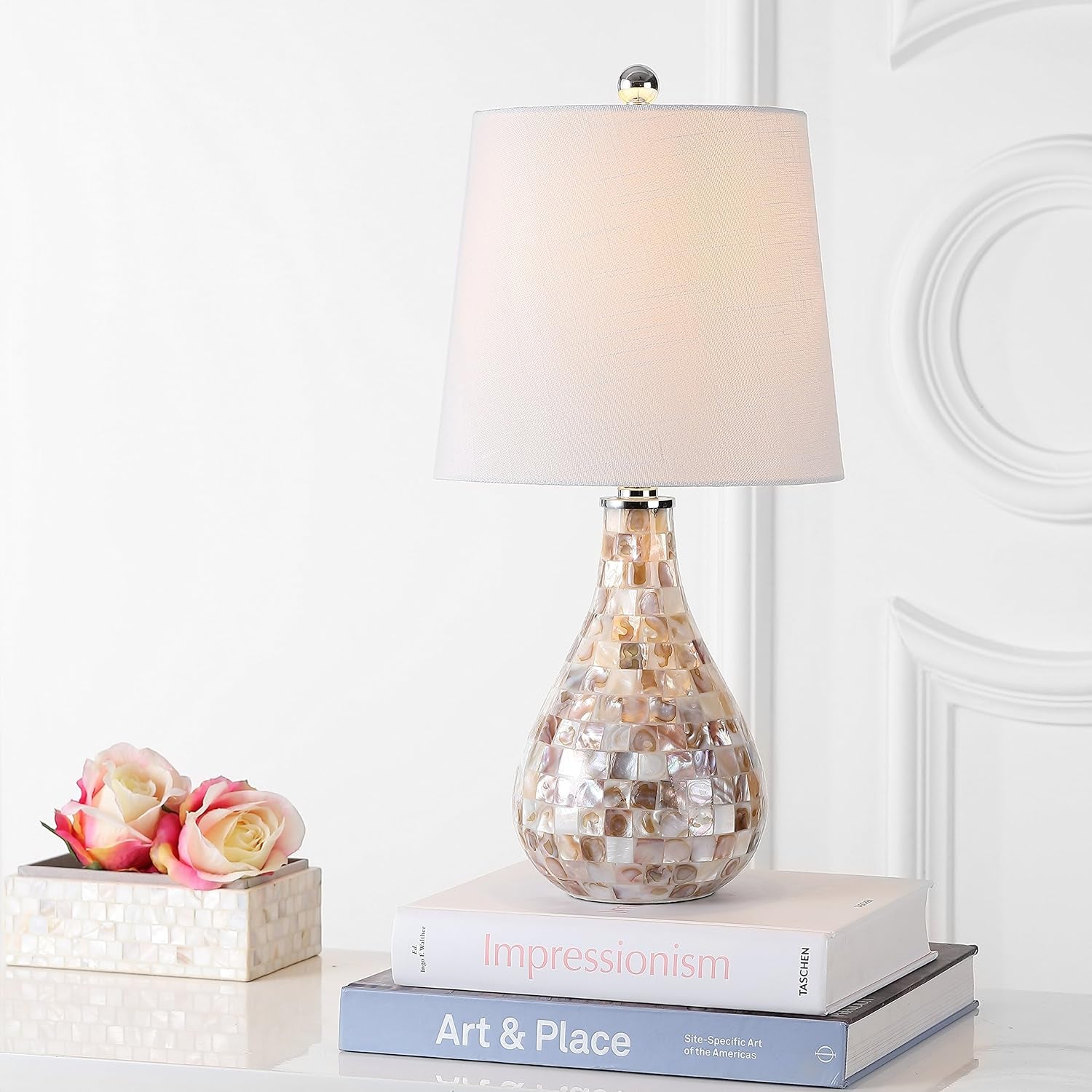 20.5" Seashell Coastal Mini LED Table Lamp for Living Room Office, White Linen Drum Shade, Modern Mother of Pearl Bedside Nightstand Lamp, LED Bulb Included JYL1024A