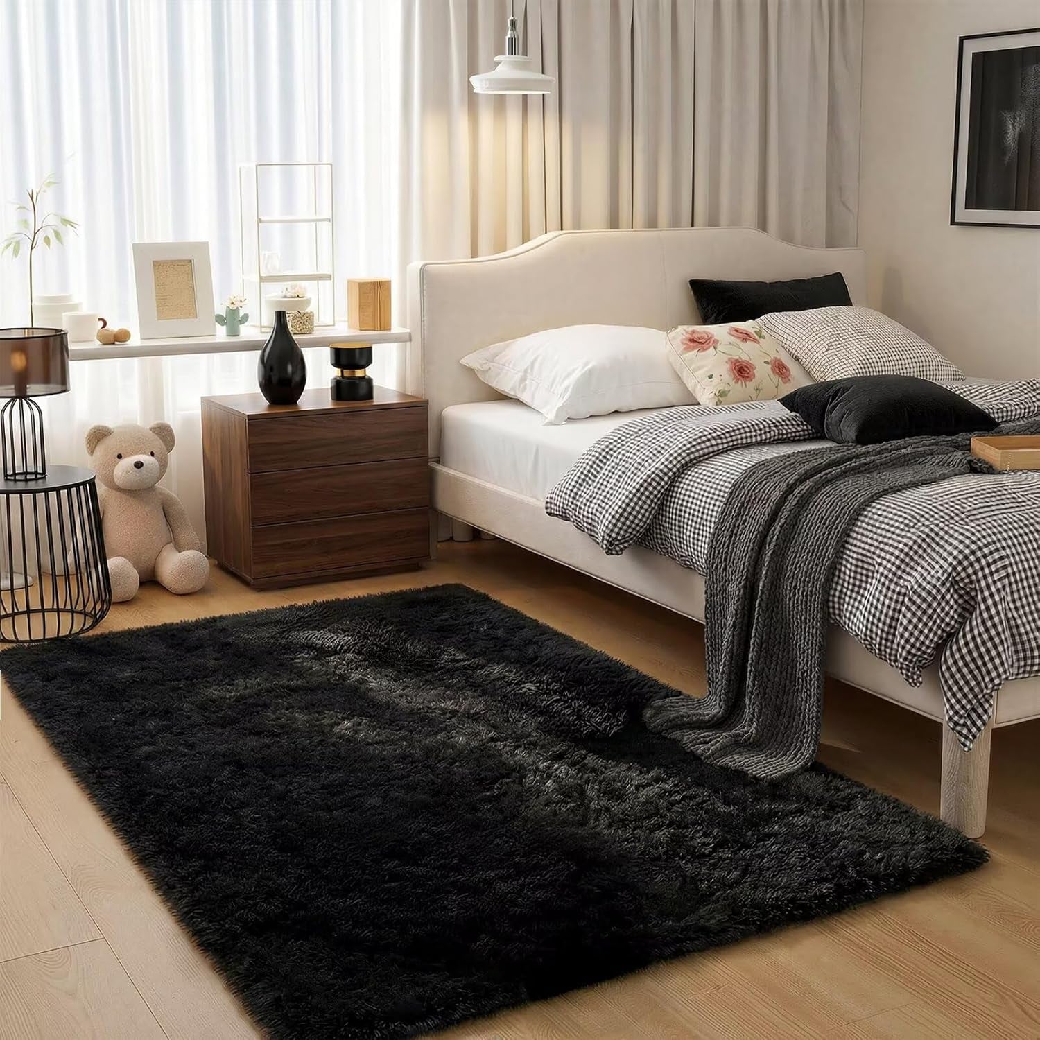 3X5 Black Washable Area Rug for Boys Bedroom, Soft Non-Slip Fluffy Bedside Rugs, Shag Plush Memory Foam Carpet for Kids Room Baby Nursery Home Decor Aesthetic