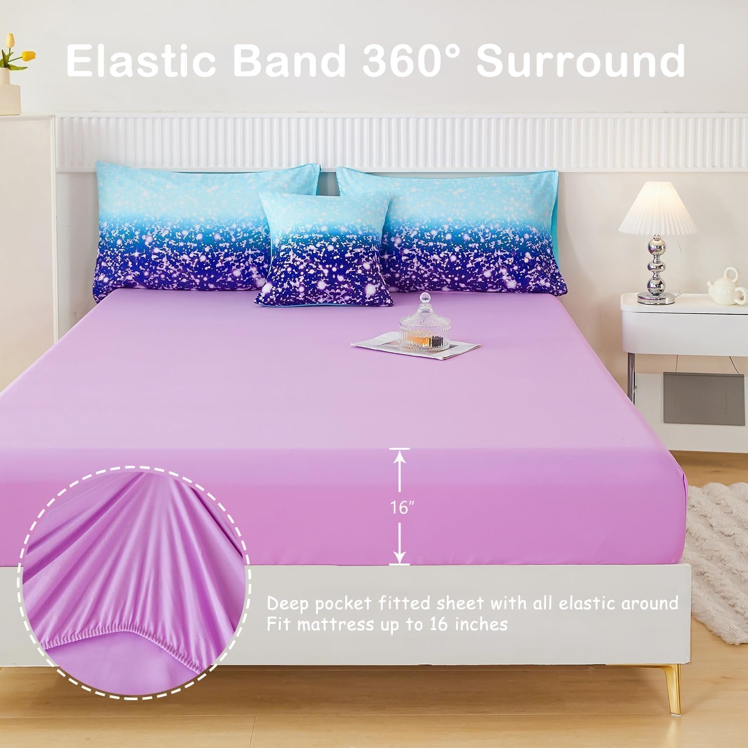 Purple Girls Twin Bedding Set - 6 Pieces Comforter Set with Sheets, Tie Dye Rainbow Bed-In-A-Bag, Sparkle Glitter Fluffy Kids Bedroom Bed Sets (Blue Purple, Twin)
