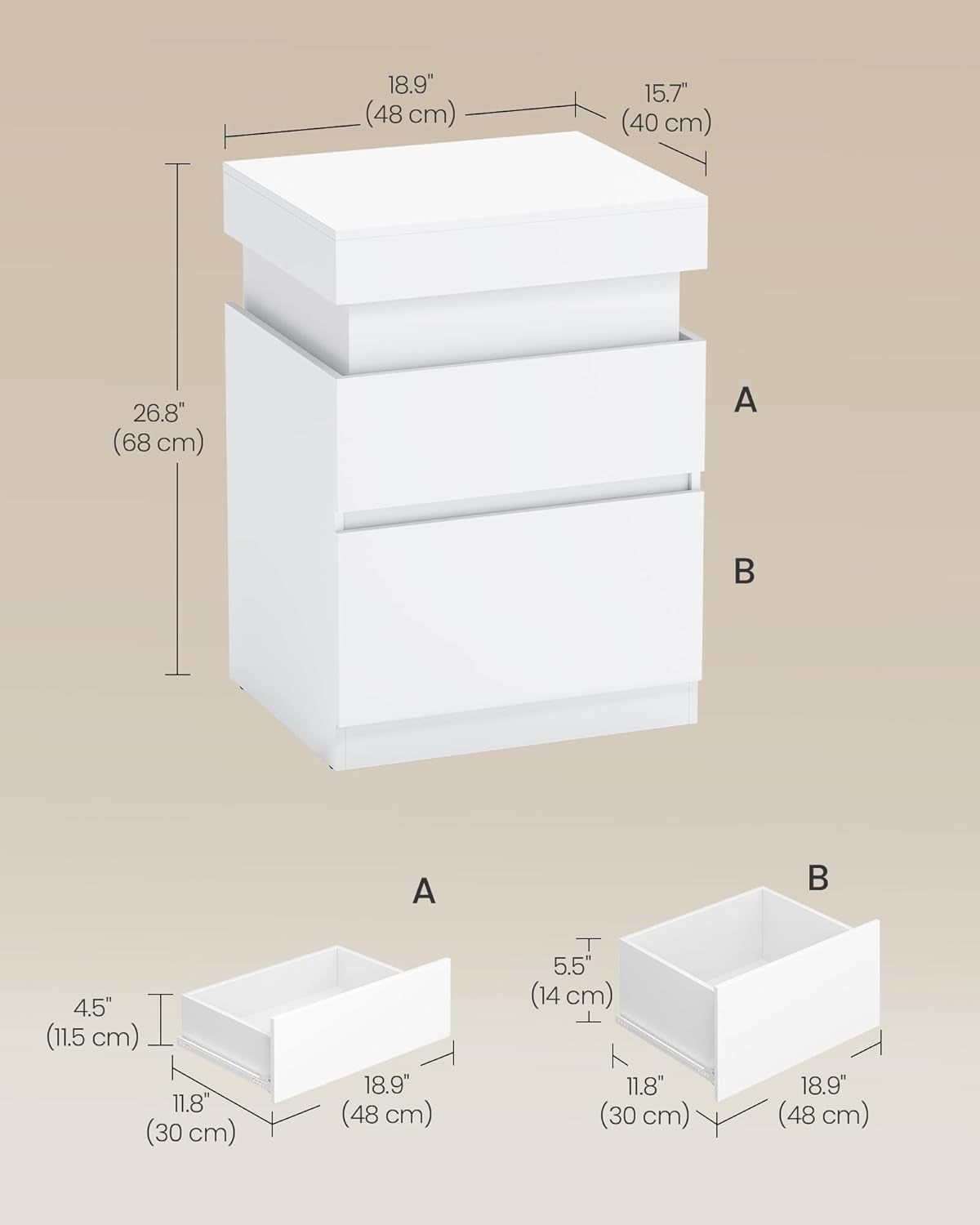 Kailyn Collection - Nightstand with Power Outlets, Sliding Lid, Modern Bedside Table with LED Lights, End Table, 2 Drawers, 15.7 X 18.9 X 26.8 Inches, Cloud White ULET650WB01S