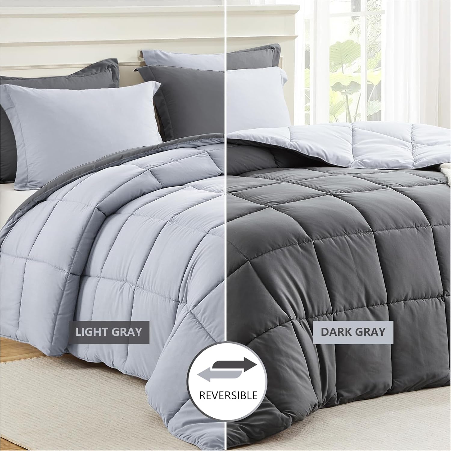 Twin Comforter Set Grey, Comforters Twin Size Bed Sets, Soft Lightweight down Alternative Bed Comforter Reversible All Season 2 Piece Set Grey/Light Gray