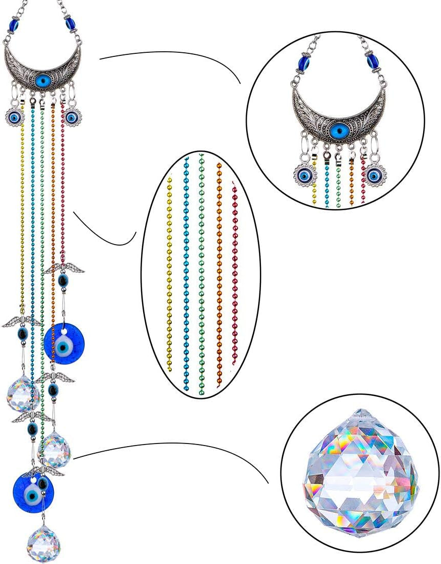 20Inch Blue Evil Eye Hanging Crystals Suncatcher Ornament for Christmas Tree with Chakra Energy Crystal Ball Prism Pendant Rainbow Maker for Home Decor Protection
