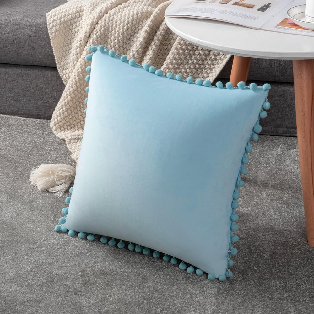 Throw Pillow Cases 20X20 Light-Blue: 2 Pack Cozy Soft Pom-Poms Velvet Square Decorative Pillow Covers for Farmhouse Home Decor