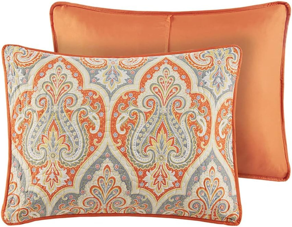 Quilt Set-Trendy Paisley Summer Cover, Cozy Coverlet Lightweight All Season Bedding Layer for Winter, Matching Shams, King/Cal King, Mona Paisley Orange