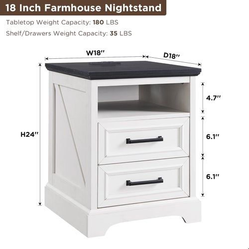 18" Farmhouse Nightstand Set of 2 with Charging Station,End Table with 2 Drawers Storage,Side Table,Bedside Cabinet for Bedroom,Living Room, Withe