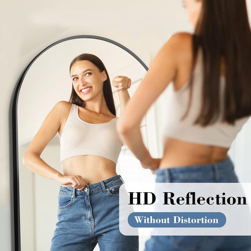 Arched Full Length Mirror with Stand Floor Standing Aluminum Frame for Bedroom Body Hanging Leaning Modern Simple Home Decor Shatter-Proorf Nano Glass Wall Living Room Cloakroom Black 56"X15"