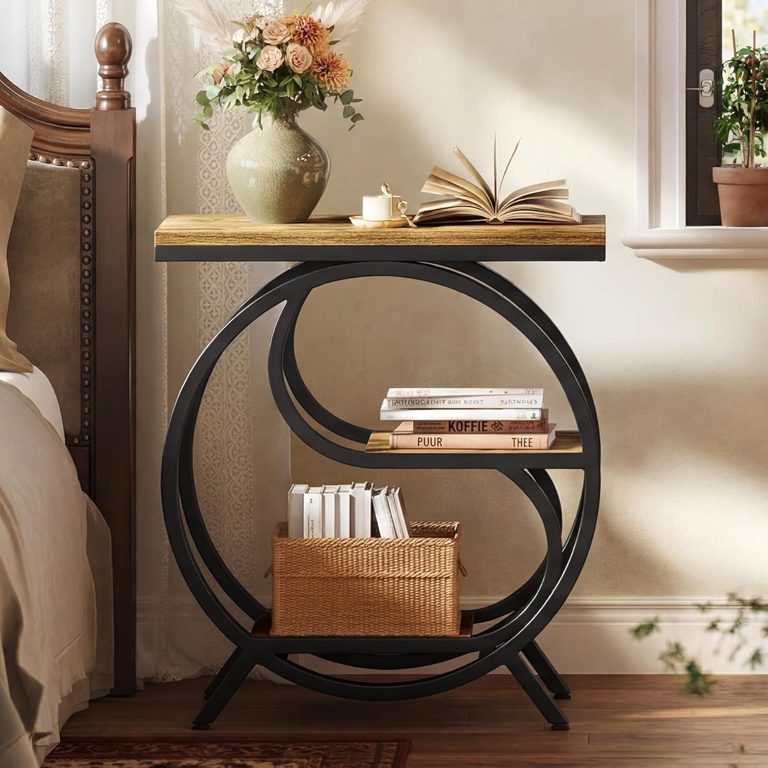 3-Tier End Table, Industrial Side Table for Living Room, Small Rectangle Nightstand for Bedroom (2PC, Rustic Brown & Black)