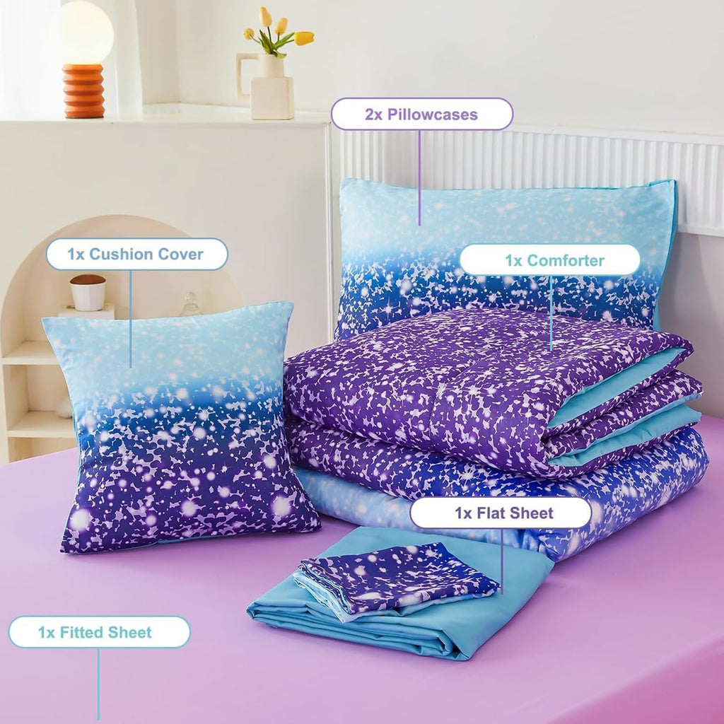 Purple Girls Twin Bedding Set - 6 Pieces Comforter Set with Sheets, Tie Dye Rainbow Bed-In-A-Bag, Sparkle Glitter Fluffy Kids Bedroom Bed Sets (Blue Purple, Twin)