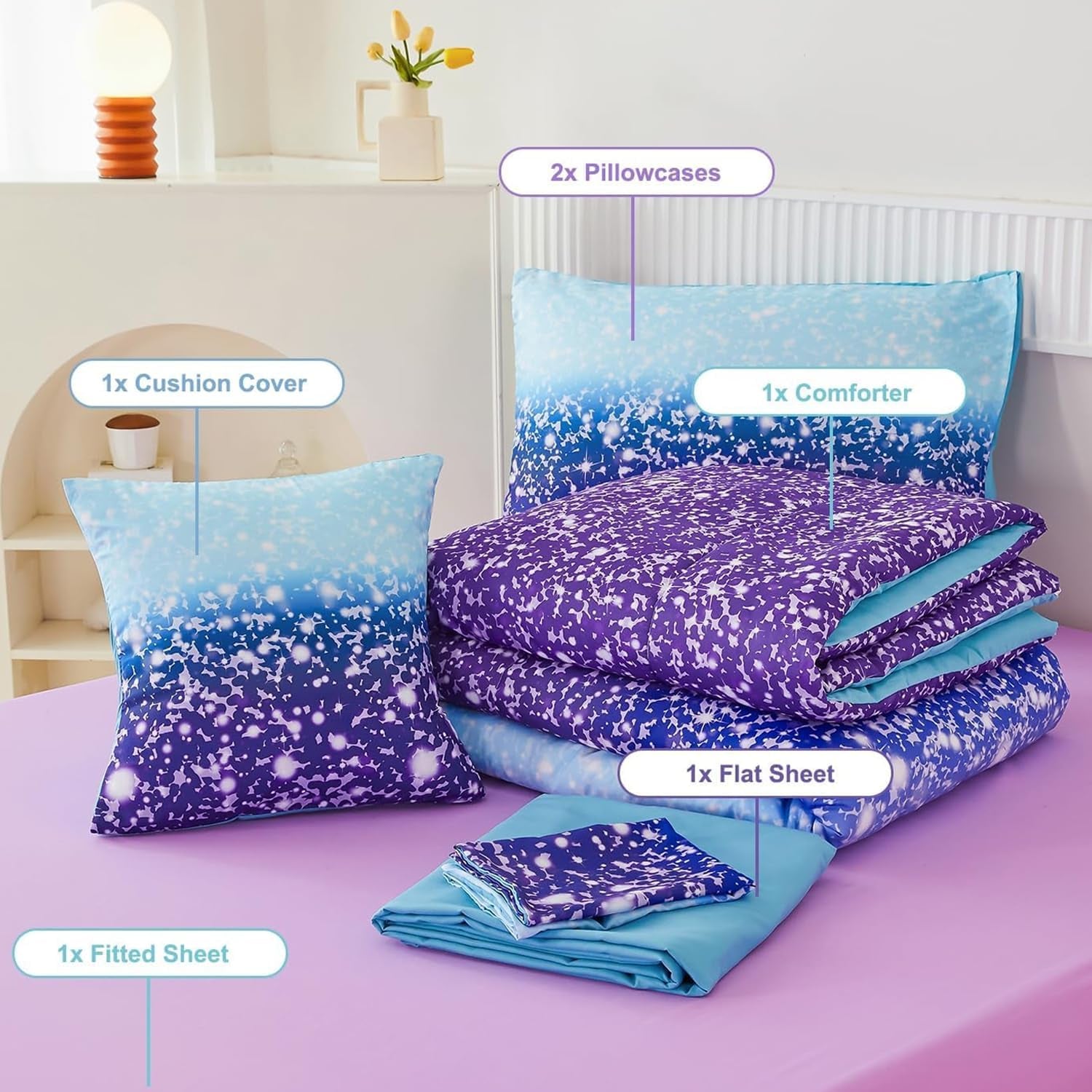 Purple Girls Twin Bedding Set - 6 Pieces Comforter Set with Sheets, Tie Dye Rainbow Bed-In-A-Bag, Sparkle Glitter Fluffy Kids Bedroom Bed Sets (Blue Purple, Twin)
