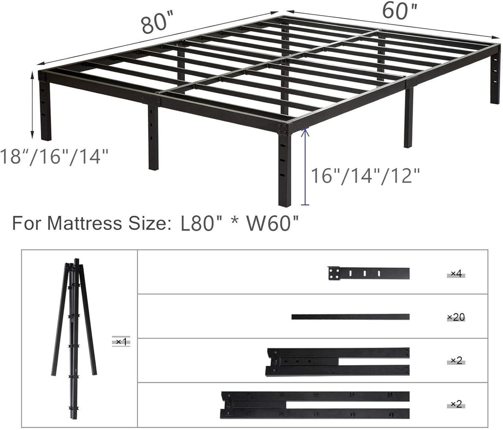 Queen Size Bed Frame with Steel Slats Support, Sturdy and Durable, No Box Spring Needed, 16 Inch High 3500Lbs Heavy Duty Metal Platform Frames with Storage, Noise-Free, Black