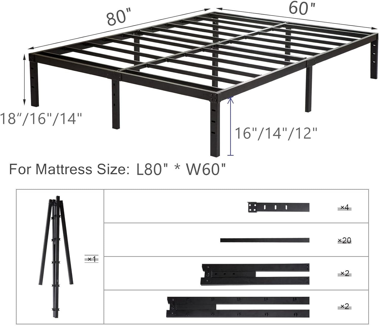 Queen Size Bed Frame with Steel Slats Support, Sturdy and Durable, No Box Spring Needed, 16 Inch High 3500Lbs Heavy Duty Metal Platform Frames with Storage, Noise-Free, Black