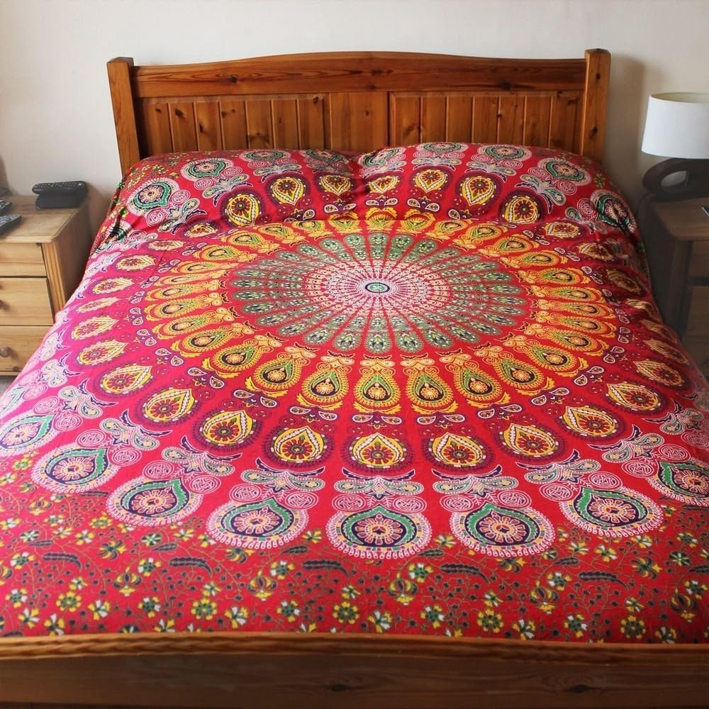 Tapestry Wall Hanging Hippie Mandala Bohemian Hippy Psychedelic Design Indian Tapestries Bedspread 84 X 90 Inches (215Cm X 230Cm) Red Yellow