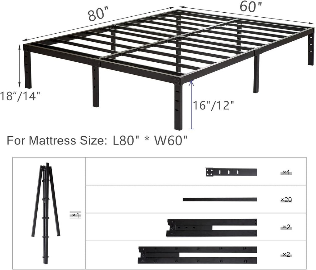 Queen Size Bed Frame 18 Inch Tall, 3500Lbs Heavy Duty Metal Platform with Steel Slats Support, No Box Spring Needed, 18-Inch Bedframe with Ample Storage, Sturdy and Noise-Free, Black