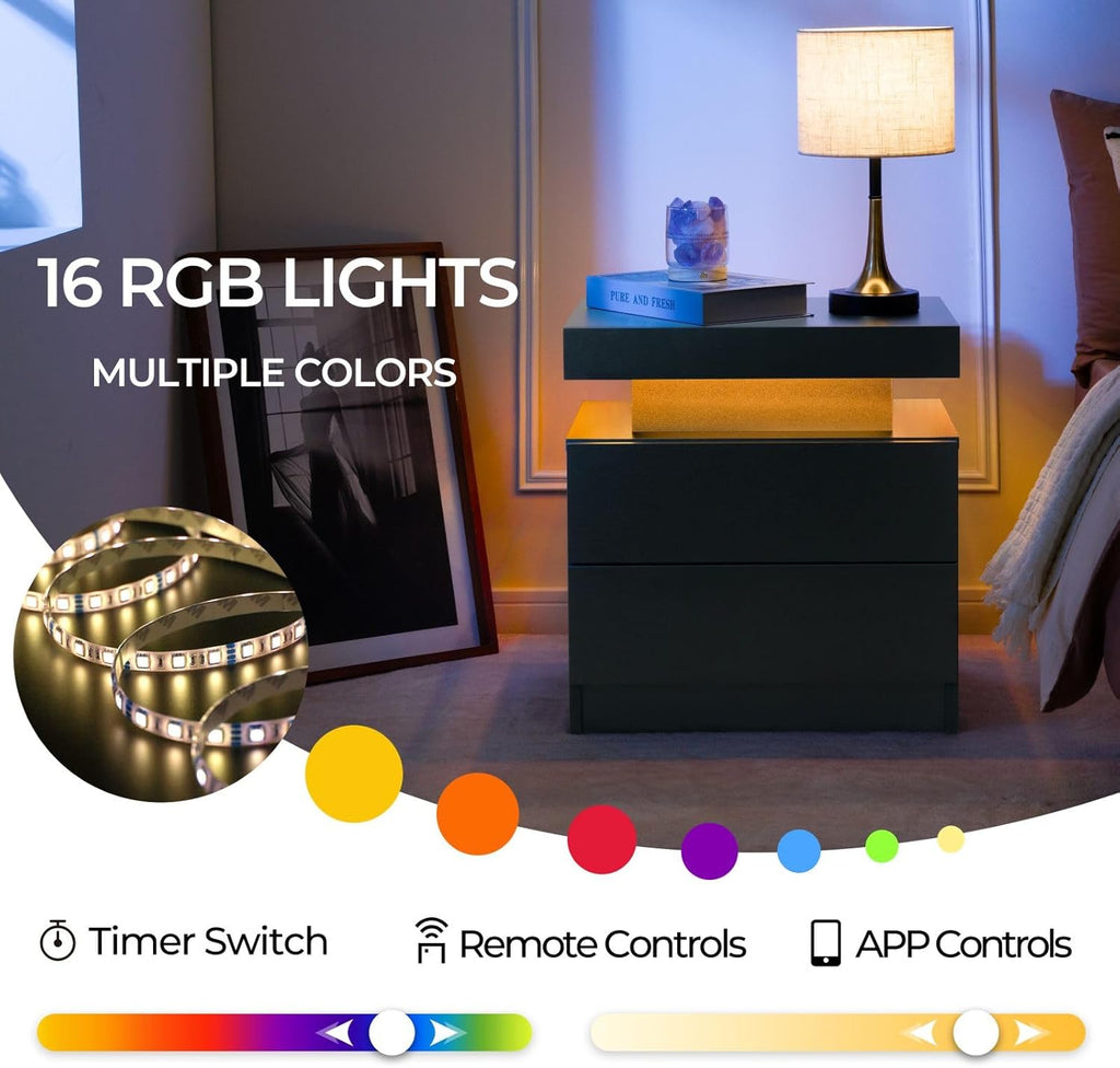 Nightstand Set of 2 LED Nightstand with 2 Drawers, Bedside Table with Drawers for Bedroom, Side Bed Table with LED Light, Black