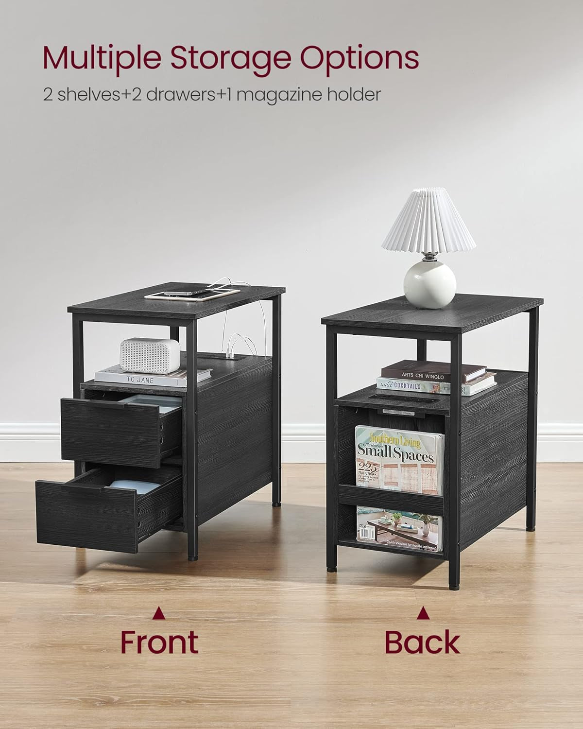Side End Table with Charging Station, Slim Nightstand with 2 Drawers, Narrow Bedside Table for Living Room, Small Spaces, Charcoal Gray and Ink Black ULET321B22